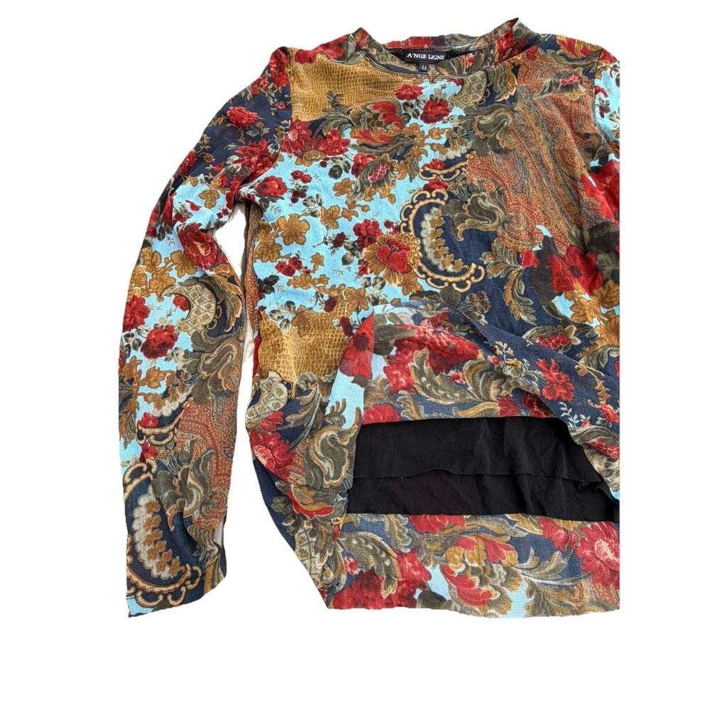 A’Nue Ligne Women Large Paisley Floral Y2K Mesh Long Sleeve Artsy Boho European - Picture 5 of 9